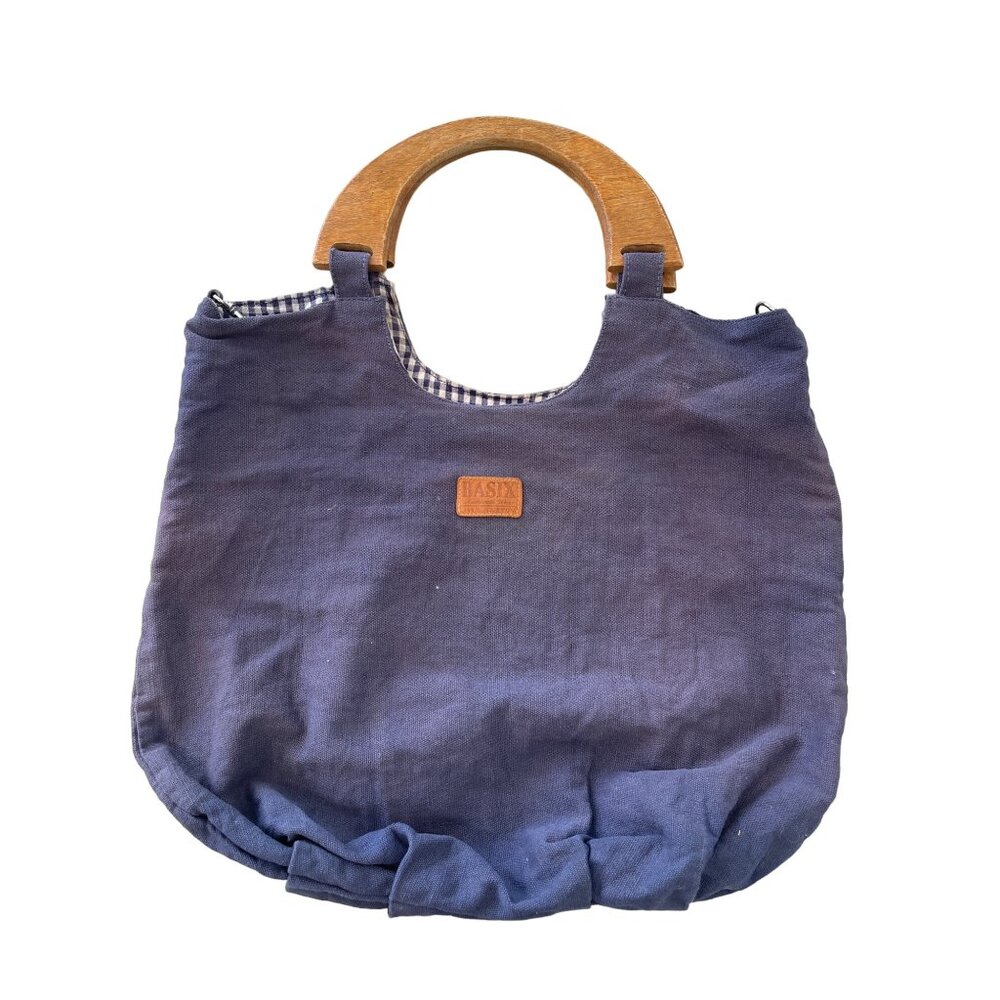 Vintage Basix Canvas Tote Bag Wood Handle Gingham Lined Cotton Classic Handbag